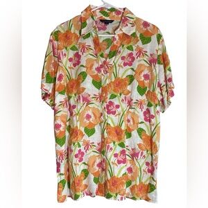 Lands’ End 18W 100% Linen Floral Short Sleeve Shirt Orange Pink